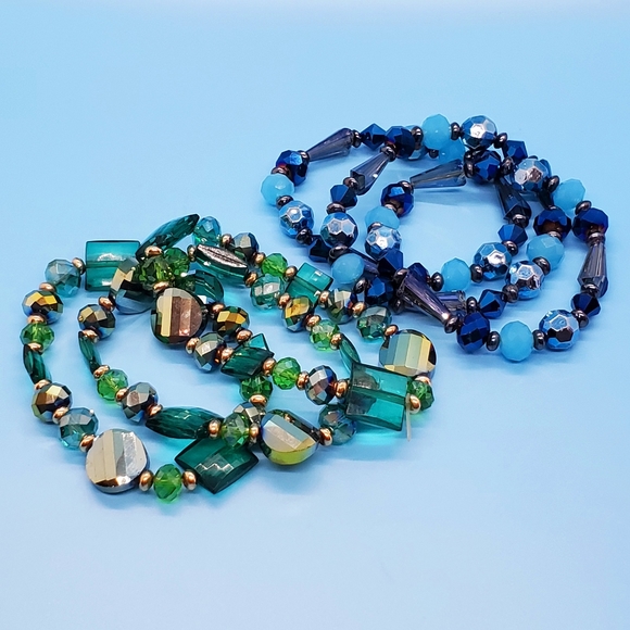 Lot of 6 Stretchy Blue green iridescent crystal beaded Faux Gemstones Bracelets - Picture 2 of 9
